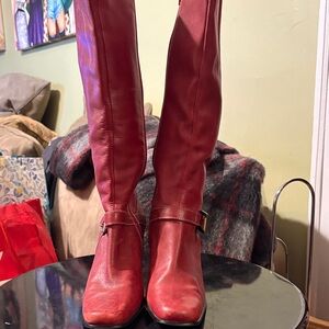 Anne Klein Women's Over-the-Knee Red Leather Boots with Buckle
